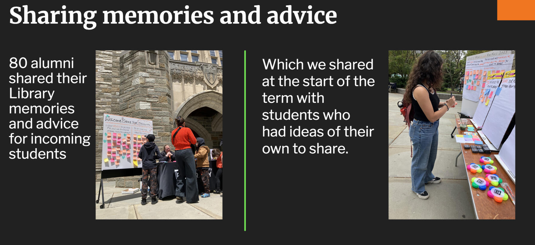 Two images of users reading and writing post it notes with information on them about how to best make use of their campus library.